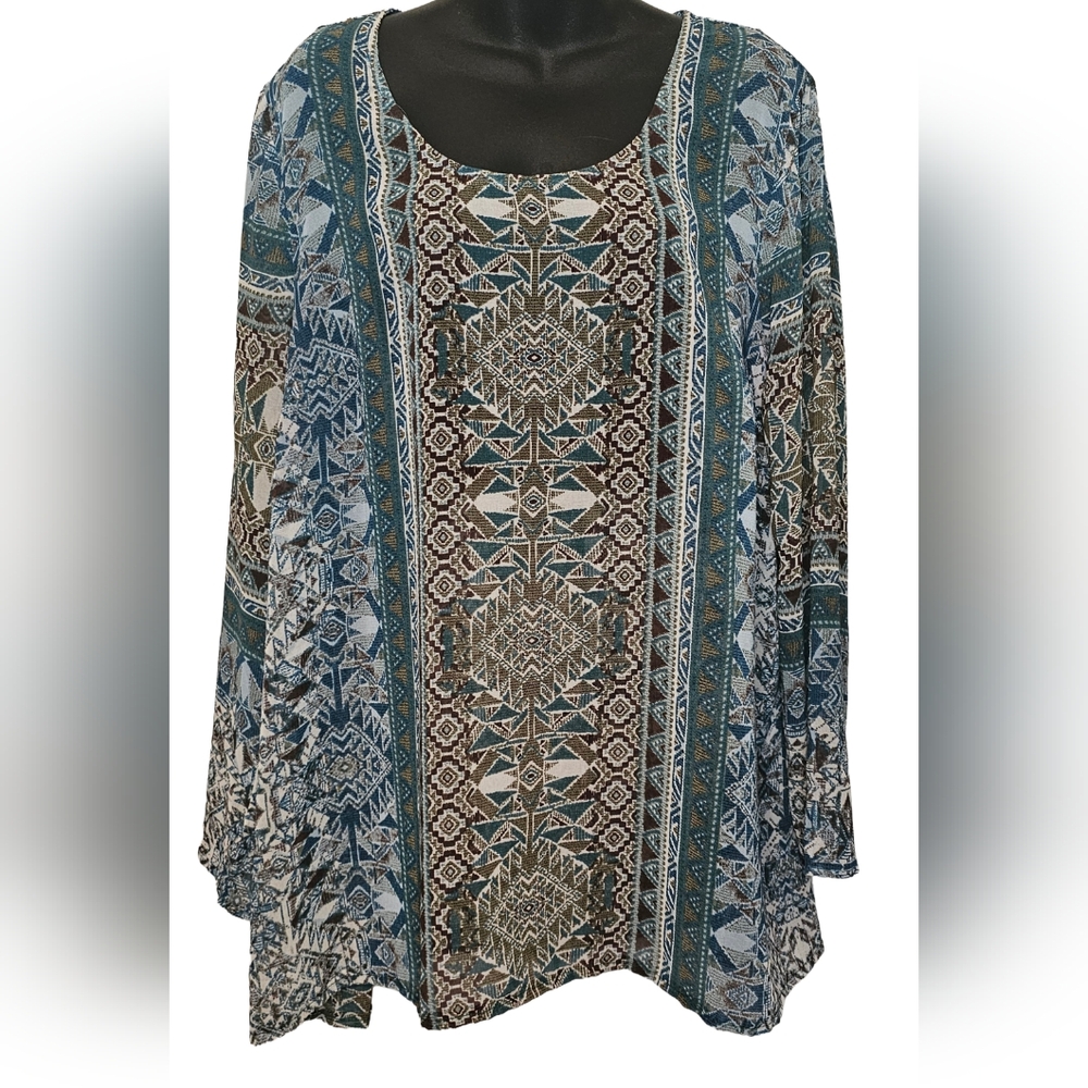 [ONE WORLD] Sheer Tribal Pattern Brown/Blue Blouse/Tunic Long Sleeve Women Large